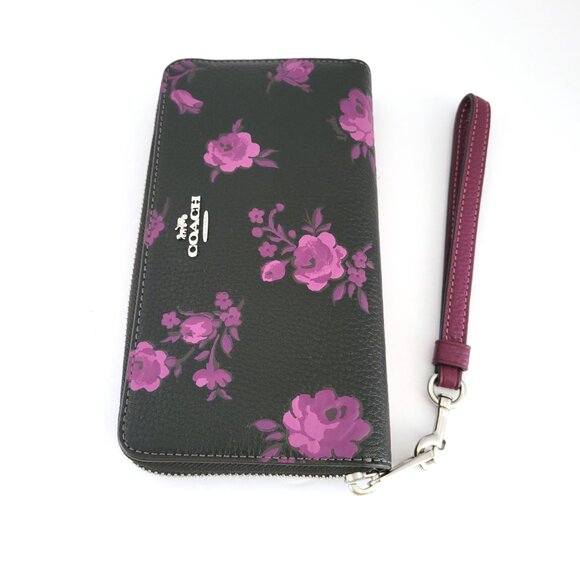 Coach CCL36 Long Zip Around Wallet Floral Print Pebbled Leather Black Purple - Picture 5 of 7